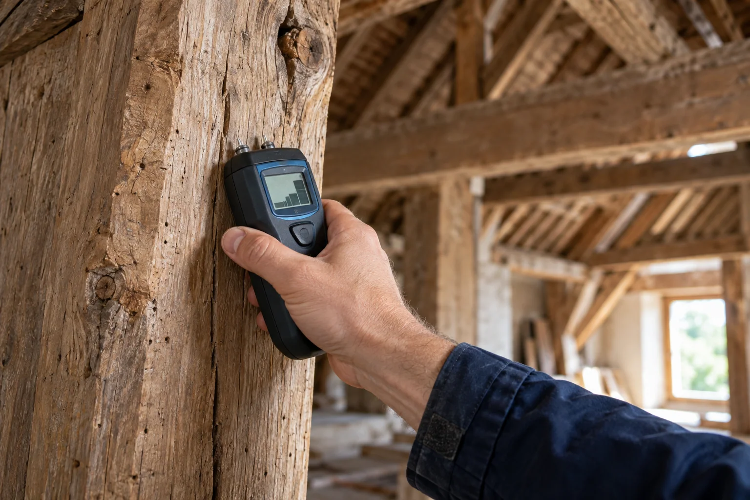 Un technicien utilise un appareil de mesure contre une pièce de bois