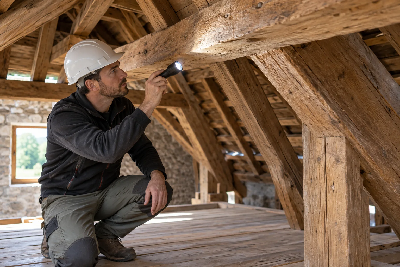 Inspection visuelle d’une charpente depuis un plancher accessible