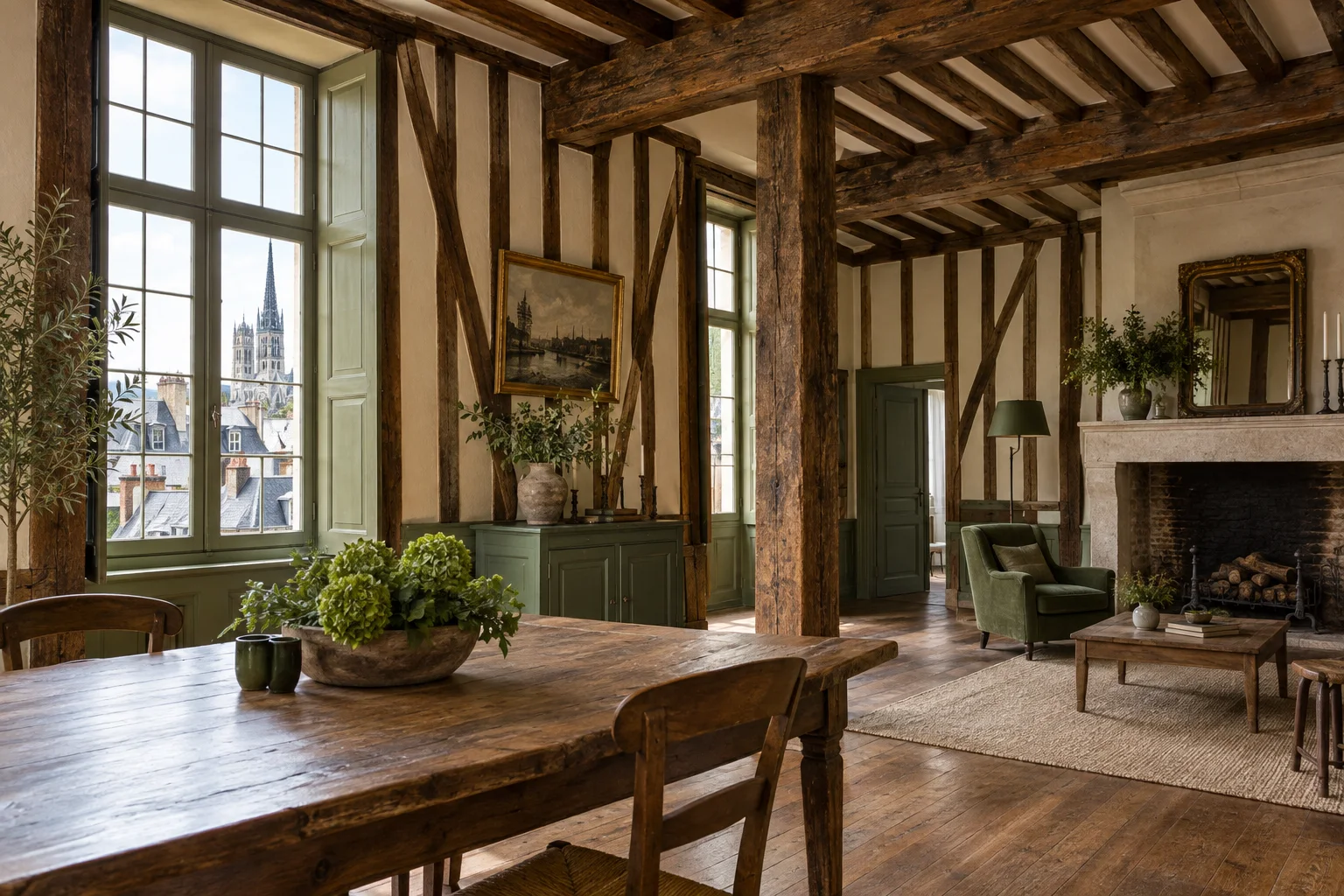 Poutres apparentes et plancher dans un intérieur ancien à étudier
