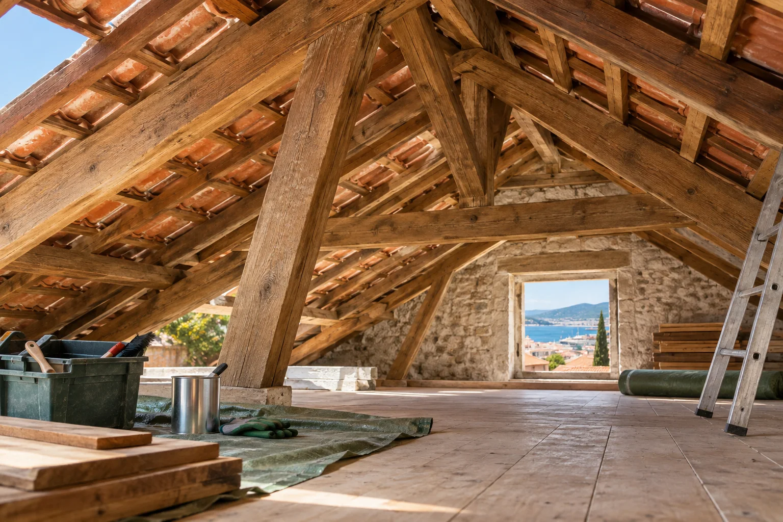 Charpente accessible sous toiture pendant une préparation de rénovation