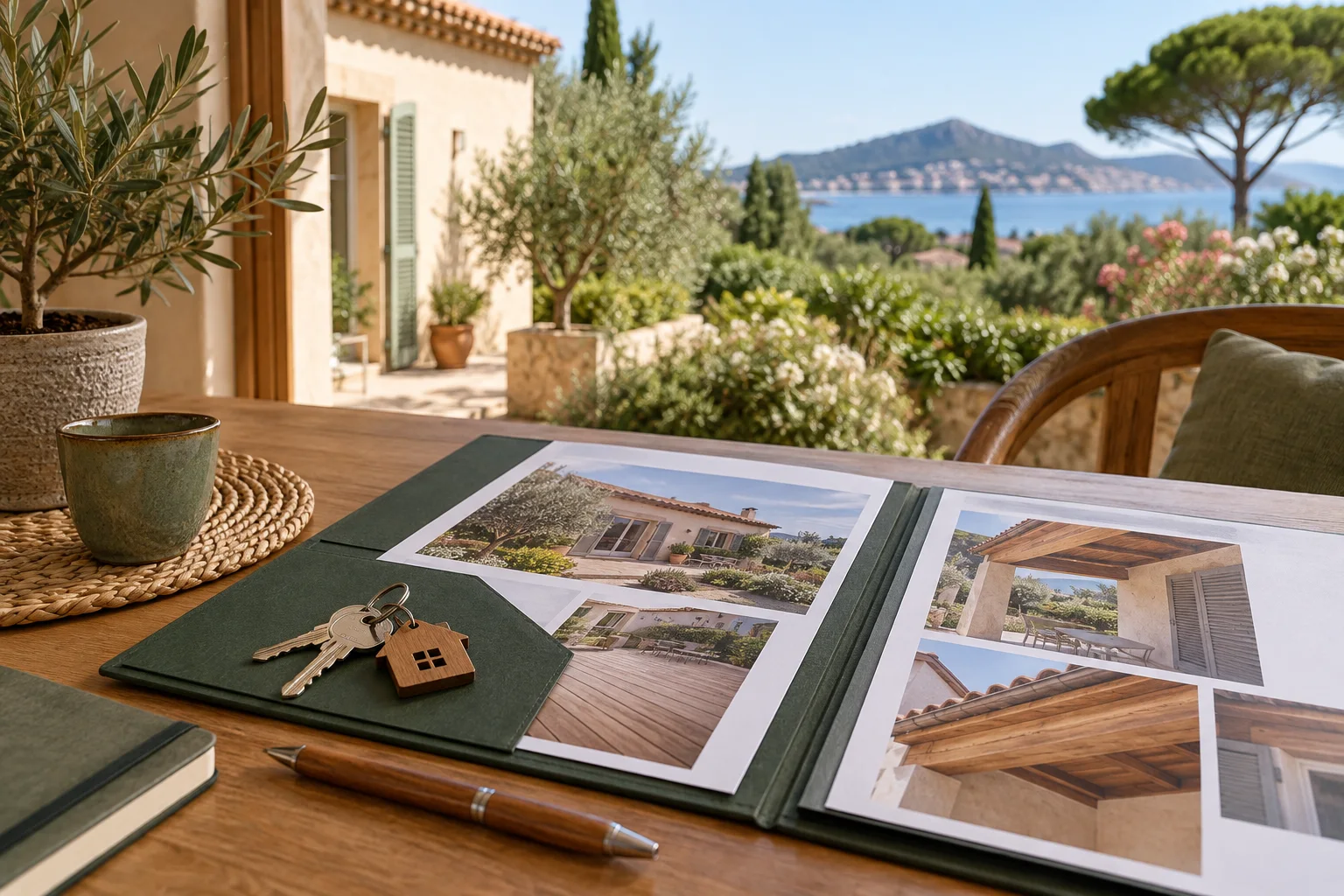 Préparation d’un dossier de visite avec clés et photographies d’une maison