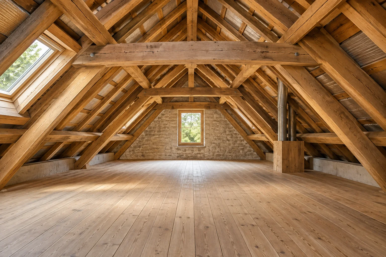 Combles dégagés avec plancher et charpente apparente