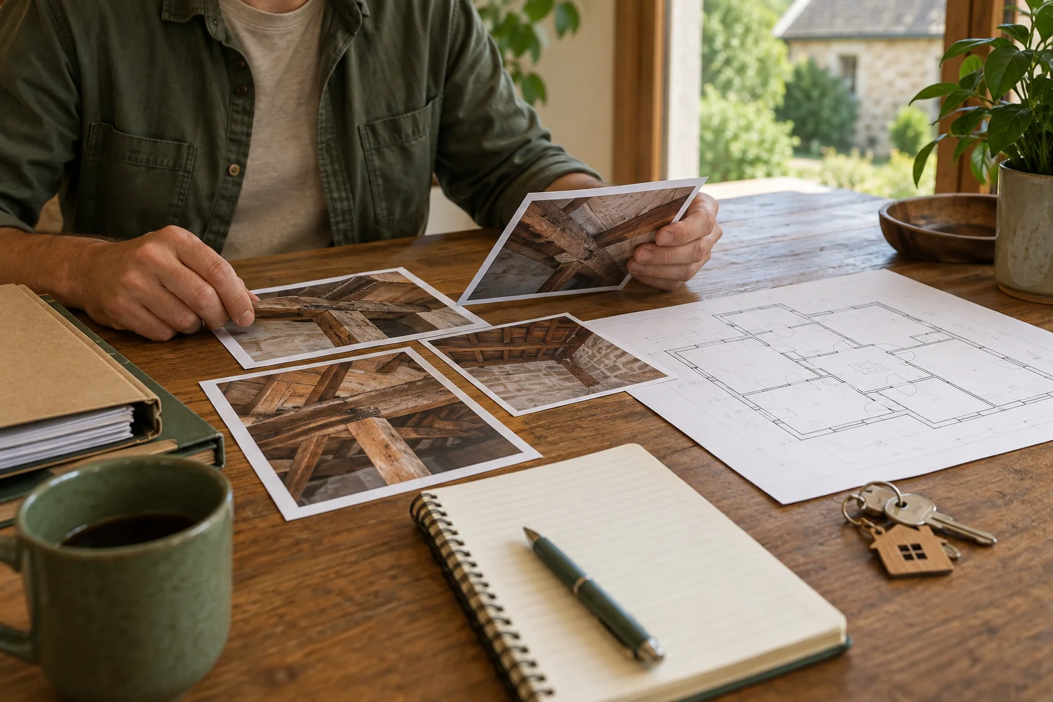 Photographies de charpente, plan et clés réunis sur une table