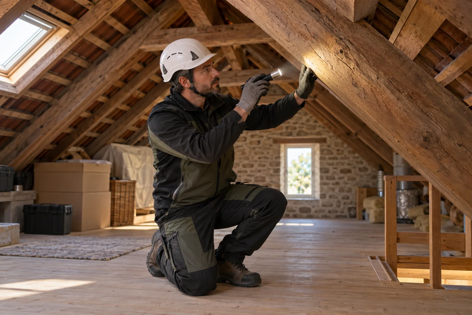 Technicien examinant une poutre à la lampe depuis un plancher accessible