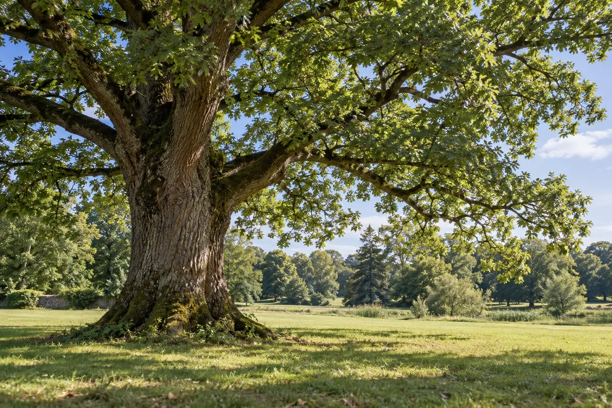Un vieux chêne dans un parc verdoyant.