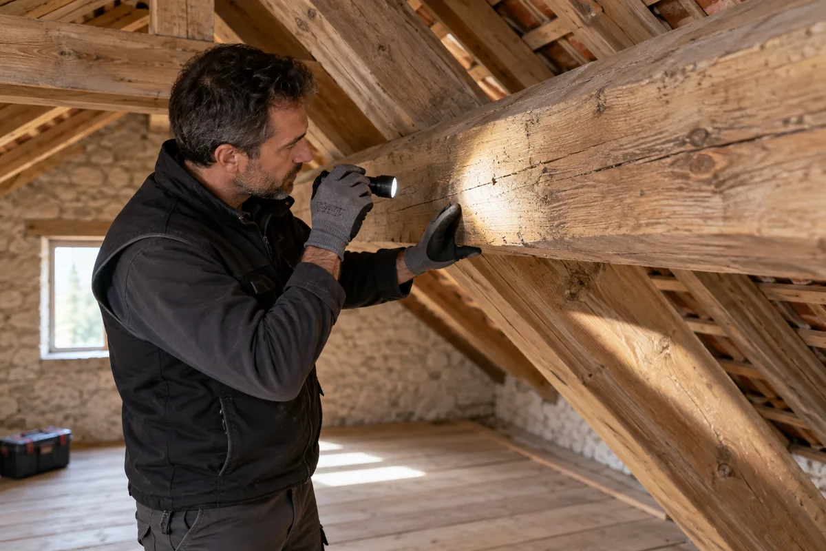 Un professionnel fictif observe une poutre avec une lampe.
