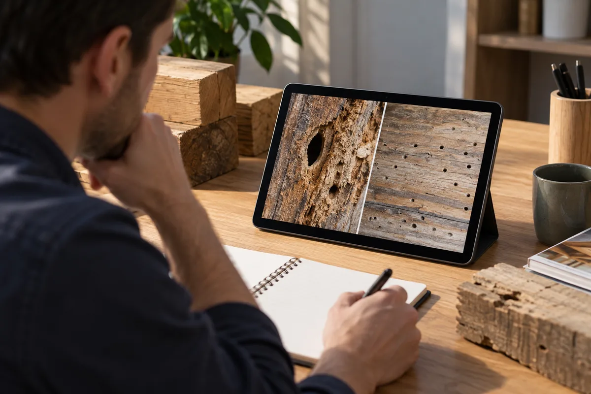 Une personne consulte des photographies de bois sur une tablette.