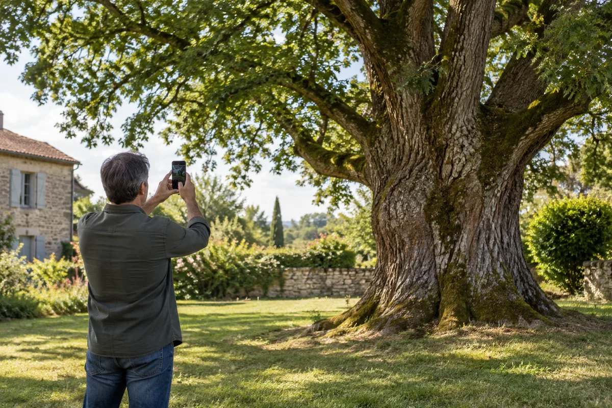 Une personne photographie un chêne sans toucher son tronc.