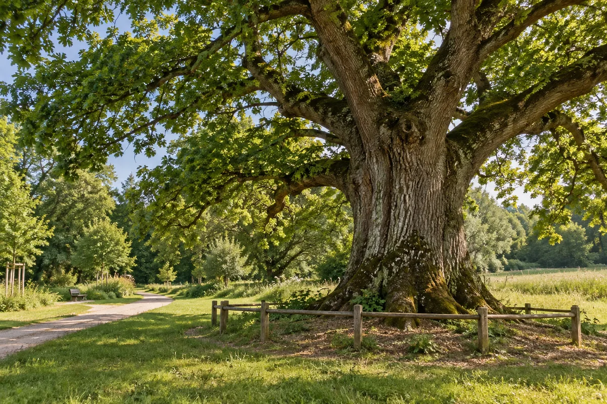 Un vieux chêne conservé près d’un chemin de promenade.